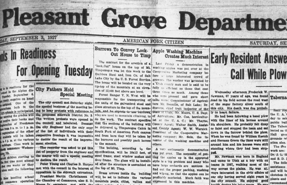 Screen cap of a zoom in of a picture of the front page of the September 3, 1927 edition of the American Fork Citizen newspaper